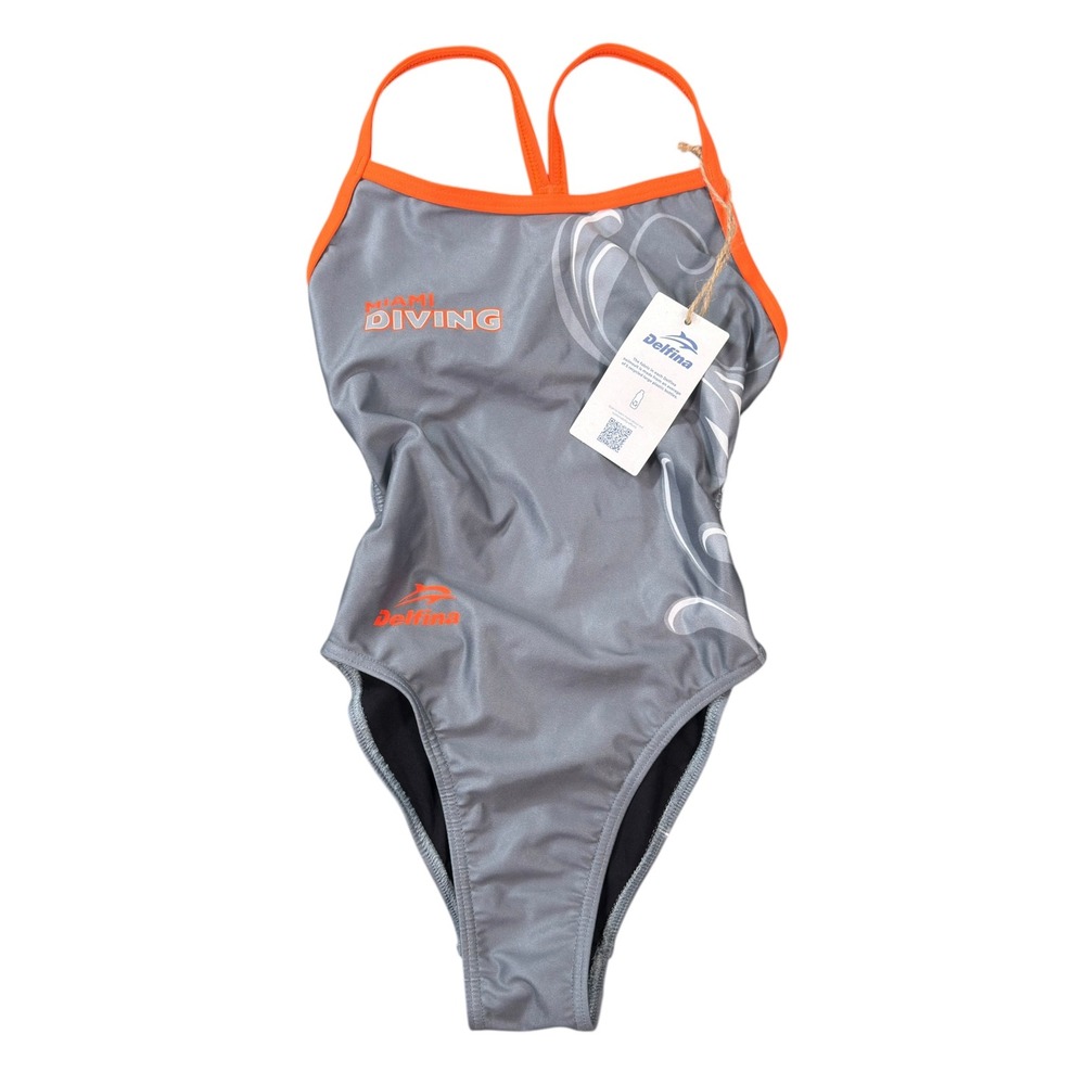Delfina Women Miami Diving Grey Orange One Piece Swimsuit Size 26